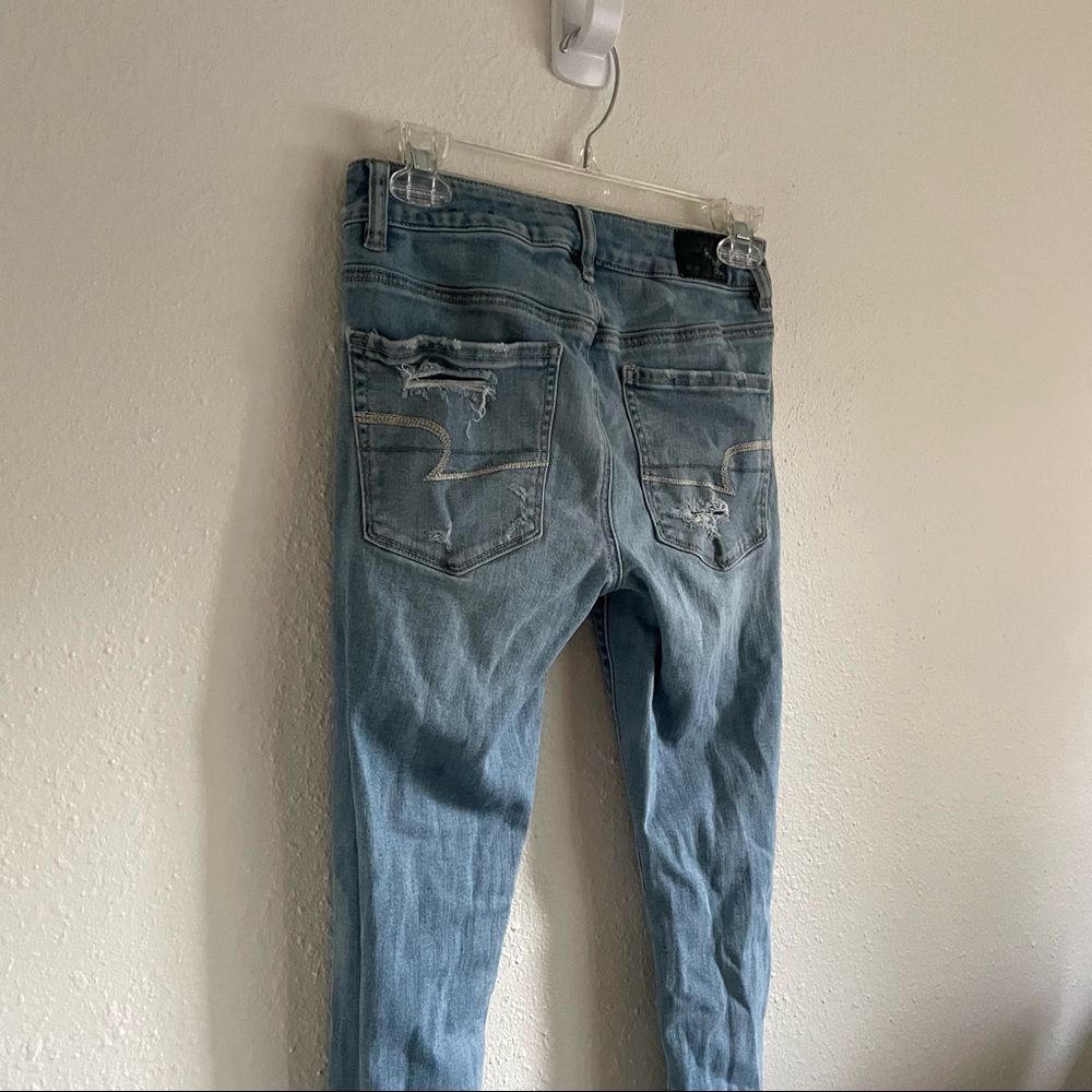 American Eagle Jeggings Super Stretch High Rise Skinny Light Wash Distressed - Picture 9 of 11